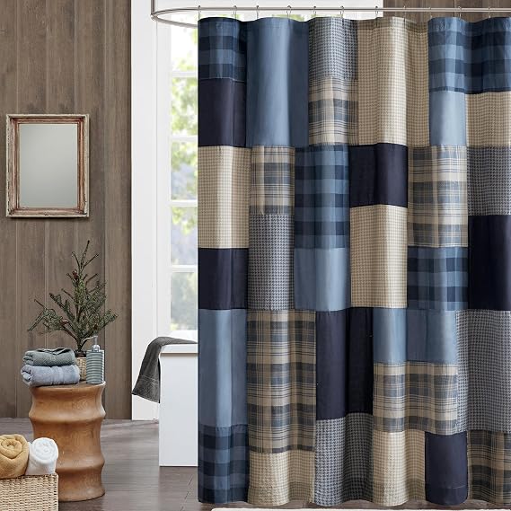Woolrich Winter Hills 100% Cotton Shower Curtain, Cabin Lodge Plaid Pieced Design, Farmhouse Bathroom Decor, Machine Washable, Fabric Privacy Screen 72x72, Blue