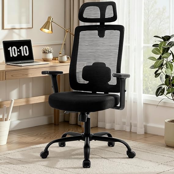 Ergonomic Office Chair Mesh High Back, Office Desk Chair with Adjustable Lumbar Support, Rolling Work Chairs with Wheels and 3D Headrest, Black