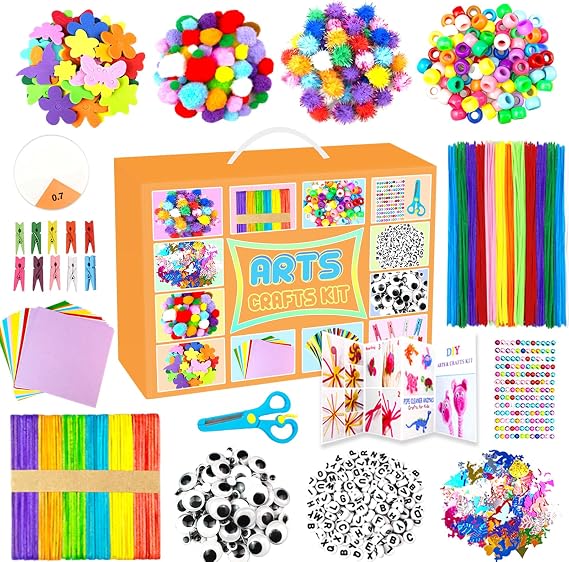 BNUZEIYI 2000 PCS Arts and Crafts Supplies for Kids All-in-1 Craft Kit with Pipe Cleaners Craft Box Set DIY Crafting Supply School Supplies Toys Gifts for Girls Boys Ages 4-6, 6-8, 8-12, Orange