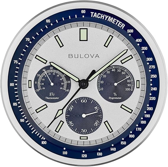 Bulova Lunar Pilot Wall Clock C1971 | Matte Silver Finish |Temperature & Hygrometer Display | Silent Sweep Quartz Movement | 13.75-Inch