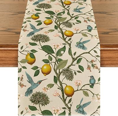 Artoid Mode Brown Lemon Tree Bird Flower Summer Table Runner,Spring Kitchen Dining Table Decoration for Home Party Decor 13x120 Inch