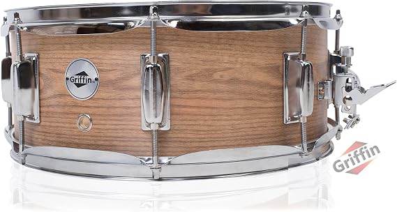 GRIFFIN Snare Drum 14" x 5.5" (PoplarPro Edition) with Oak Wood PVC Wrap, Coated Head, 8 Tuning Lugs, Deluxe Snare Throw Off & Key