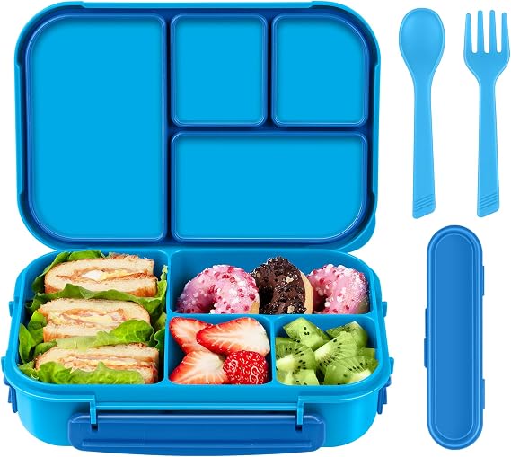 Amathley Lunch Box Kids,Bento Box Adult,Leakproof Lunch Containers for Adults/Kids/Toddler,1200ML-4 Compartments Bento Boxes with Utensil,Microwave & Dishwasher & Freezer Safe (Blue)
