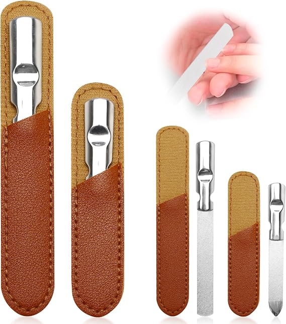 2 Pcs Stainless Steel Nail File Double Sided Nail File with Anti-Slip Handle and Leather Case Reusable Manicure Filer for Women Men
