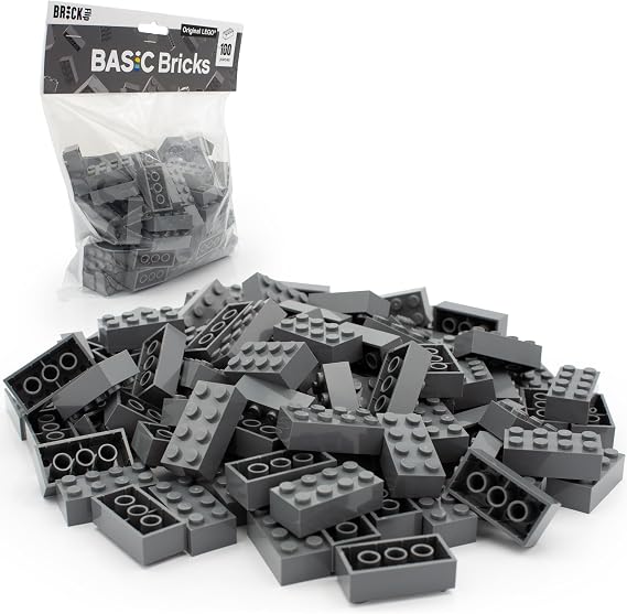 LEGO Classic Grey Bricks 2x4, 100 Pieces - Individual Grey Building Blocks in Bulk Pack, for LEGO Grey Baseplate and Box, Starter Set | Basic Bricks (3001) (Dark Grey)