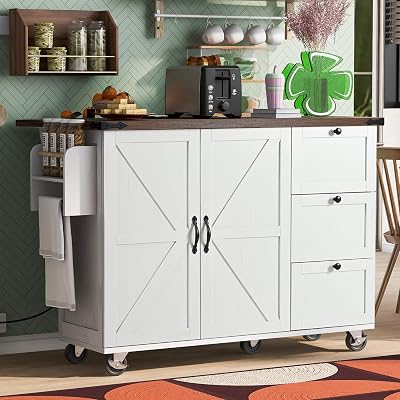 54.5 Farmhouse Kitchen Island with Power Outlet, Drop Leaf Breakfast Bar, 3 Side Drawers, Internal Storage Rack, Spice Rack for Dining Room, White