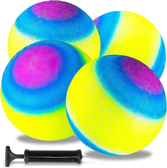 4 Pcs Rainbow Playground Balls with 1 Hand Pump, 8.5 Inch/21.6 cm Neon Sports Balls, Inflatable Multi Colors Kick Ball Handball, Colorful Rubber Dodgeballs for Adults Indoor Outdoor Games Use