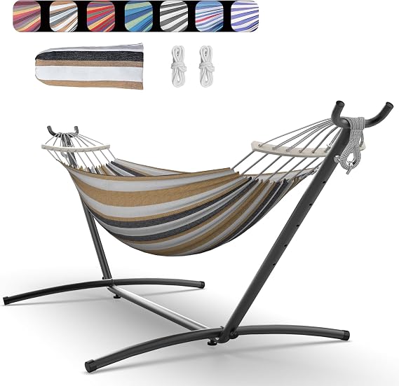 Everyfun Double Hammock with Stand for 2 Person, 600 lb Capacity, Coffee