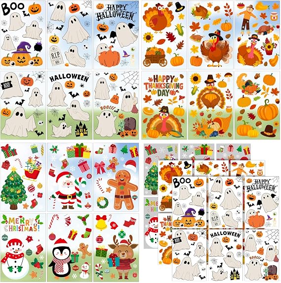 Cholemy 18 Sheets Holiday Window Clings, Halloween Thanksgiving Christmas