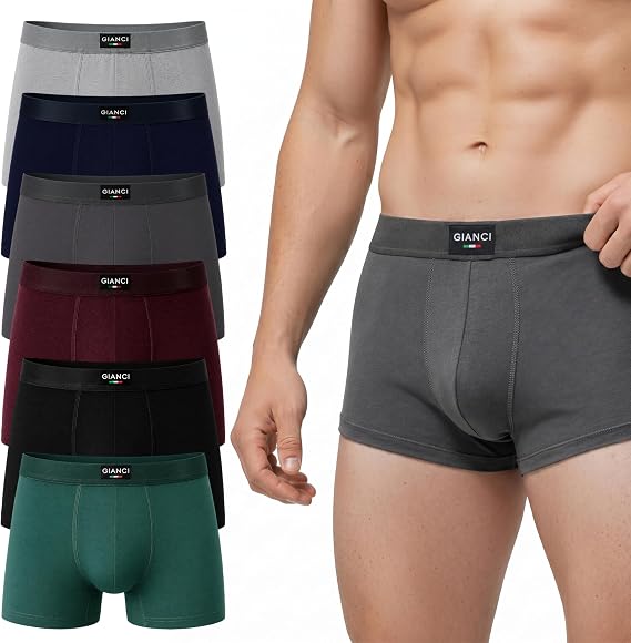 Gianci Mens Boxers Shorts 6 Pack – Soft Cotton Trunks with No-Itch Tagless Design, Anti-Chafe 3D Pouch & Stay-Put Waistband – Breathable Underwear for Men