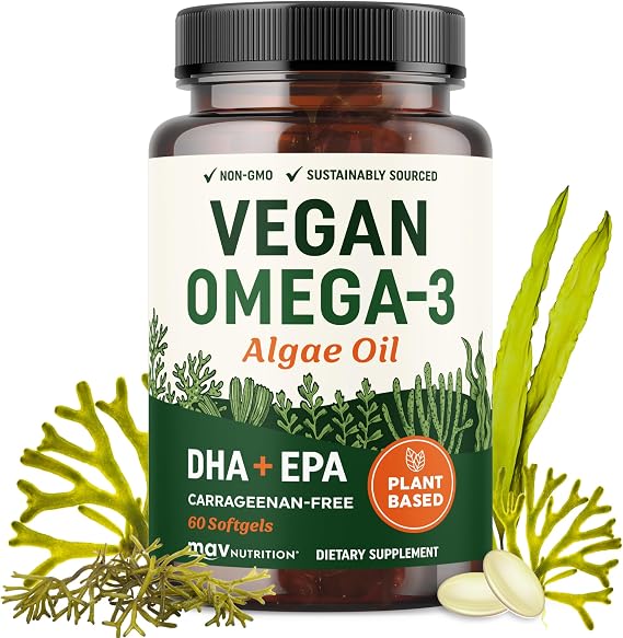 Vegan Omega 3 Algae Oil, Plant Based DHA EPA, Sustainably Sourced, Non-GMO | Carrageenan-Free, Heart Brain & Eye Health Support, Fish Oil Alternative, Omega 3 Fatty Acid Supplements, 60 Vegan Softgels