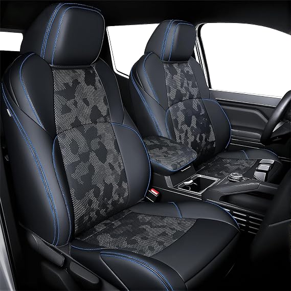 Leather Seat Covers Custom Fit for 2024-2026 Tacoma Gen 4th Double Cab - Fully Covered - Fit Like a Glove - Center Console Armrest Covers Included - Camouflage Black & Blue Stitching