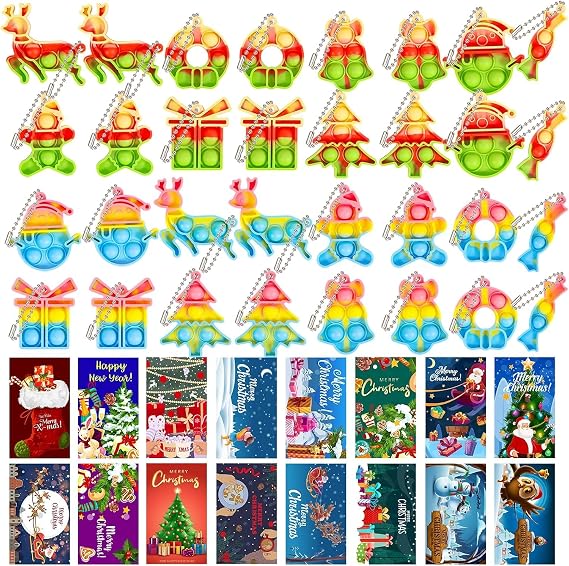 32 PCS Pop Keyring Christmas Stocking Fillers for Kids - Party Bag Fillers for Kids with 32 Christmas Cards - Poppet It Fidget Toys Pack - Eve Box Fillers - Party Favours