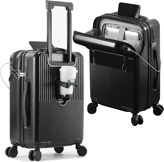 Small Suitcase Hand Luggage Wheeled Suitcase Wheeled Cabin Luggage 360 ° Wheel Rotation with Cup Holder,Black,20in [Energy Class A]