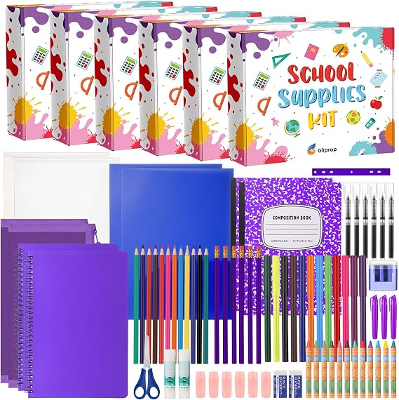 Gilprop 6 Pack Back to School Supplies Kits School Supply Bundle,Purple | 72 Piece Per Box Elementary Middle High School Supplies Bundle Kit for Kindergarten K-8 Kid Student Girl Boy Classroom