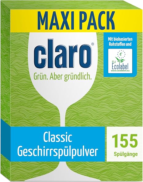 Claro Classic Dishwasher Powder Phosphate-Free 2.8 kg 155 Rinses Vegan and free from chlorine microplastics and palm oil; flexibly doses against grease and food residues