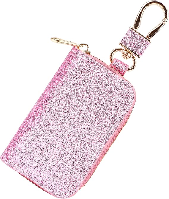 Car Key Holder Bag with Zip-Around Case, Clip Hook, Sparkly Glitter Faux Leather Auto Remote Key Cover for Women