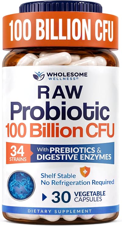 Wholesome Wellness Organic Raw Probiotics 100 Billion CFU, Dr Formulated for Women and Men, Complete Adult Supplement with Prebiotics and Digestive Enzymes; 30 Capsules, Shelf Stable