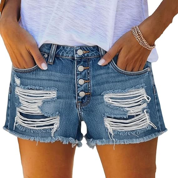 Beessbest Women's Mid Rise Ripped Stretchy Jean Shorts Raw Hem Casual Denim Shorts Button Front Mini Short Pant with Pocket