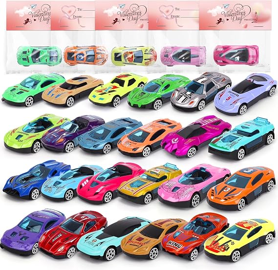 Valentines Day Cards for Kids School/Classroom,24PCS Valentines Cards and Valentine's Day Alloy car,Toddler Valentines Day Gifts for Boys Ages 3 and up