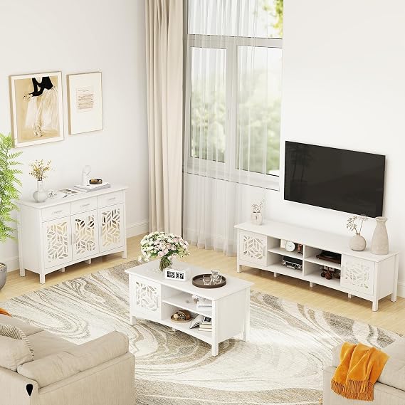 Bonzy Home Modern Mirror TV Stand Set with Floral Carving Design, Includes Coffee Table and Storage Cabinet with Adjustable Shelves for Living Room, Apartment, White