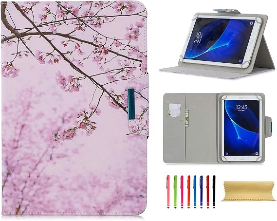 Universal 7 Inch Tablet Case, Techcircle Ultra Slim Lightweight PU Leather Stand Folio Flip Wallet Protective Shell Case [Card Slots] [Magnetic Closure] for All 7" Android Tablet PC, Cherry Blossom