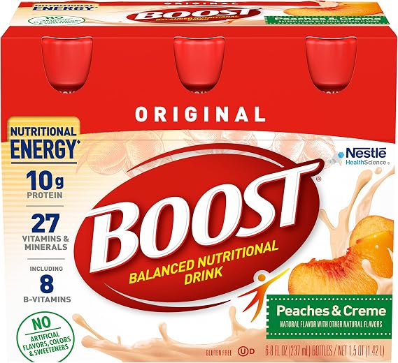 BOOST Original Balanced Nutritional Drink, Nutritional Energy with Protein, Vitamins & Minerals (6 Count (Pack of 1), Peaches & Creme)