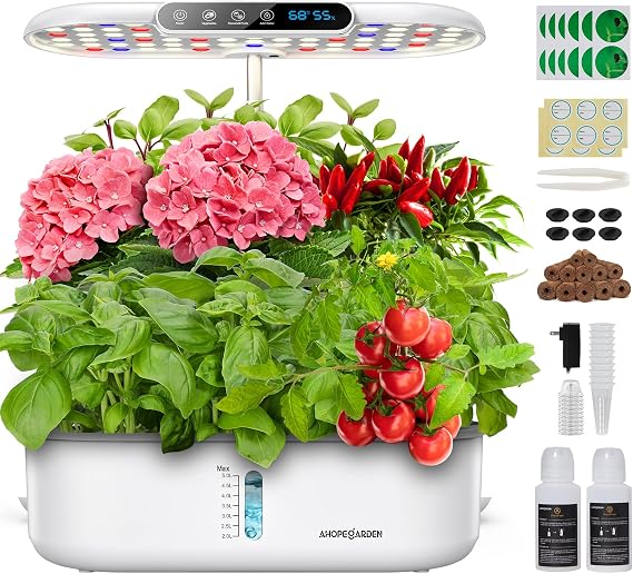 Ahopegarden Hydroponics Growing System with 12 Pods, Indoor Garden Kit with LED Grow Light & LCD Temp Humidity Display, Smart Quiet Pump Planter for Herbs, Lettuce, Vegetables, Kitchen Garden Use