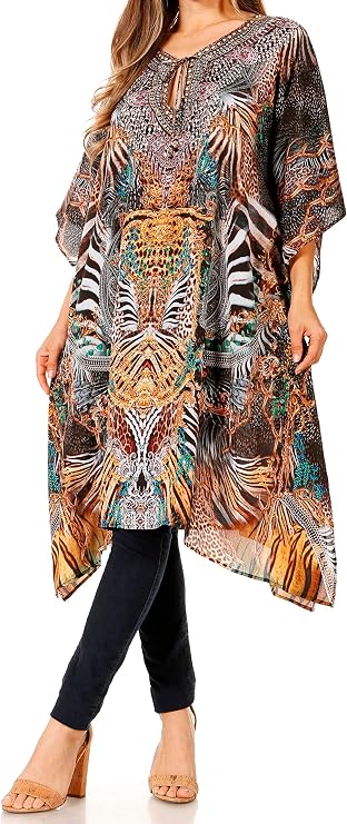 Sakkas Jenni Women's Mid Length Boho Caftan Kaftan Dress Cover up Flowy Rhinestone