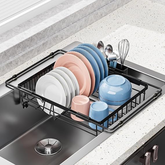 Expandable in Sink Dish Drying Rack - Adjustable Capacity Over The Sink Dish Drainer Drying Rack with Utensil Holder for Kitchen Counter, Drying Rack for Small Space,14.96L x 11.81W x 3.74D