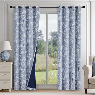 FMFUNCTEX 100% Blackout Floral Curtains for Bedroom, Blue Curtains 84 inches Long Blossom Flower Patterned for Living Room,Thermal Insulated Farmhouse Drapes, Grommet Top 2 Panels White on Blue