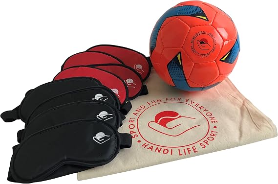 Handi Life Sport Blind Football Start Up Kit, 1 Soccer Ball & 10 Blindfolds | Size 3 Ball, Rattling Sound, Low Bounce, Polyester Blindfolds in Black & Red, One-size, Velcro Closure