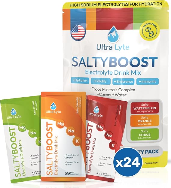 Ultra Lyte Electrolytes Drink Mix - Sugar-Free Variety Pack Powder - 24 Sachets with High Sodium, Trace Minerals, and Coconut Water - Hydration for Endurance, Replenishment, and Wellness