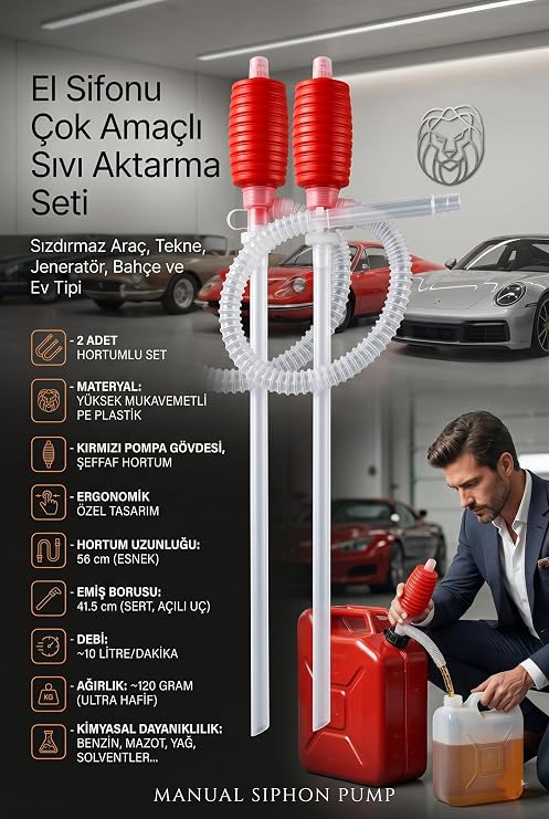 Transformacion 2 ADET Profesyonel Manuel Sıvı Transfer Sifon Pompası Seti - Benzin, Mazot, Yağ, Su ve Kimyasal Uyumlu Taşınabilir Çiftli El Pompası (56 cm Hortum, Dakikada 10 Litre Akış Hızı) 719951