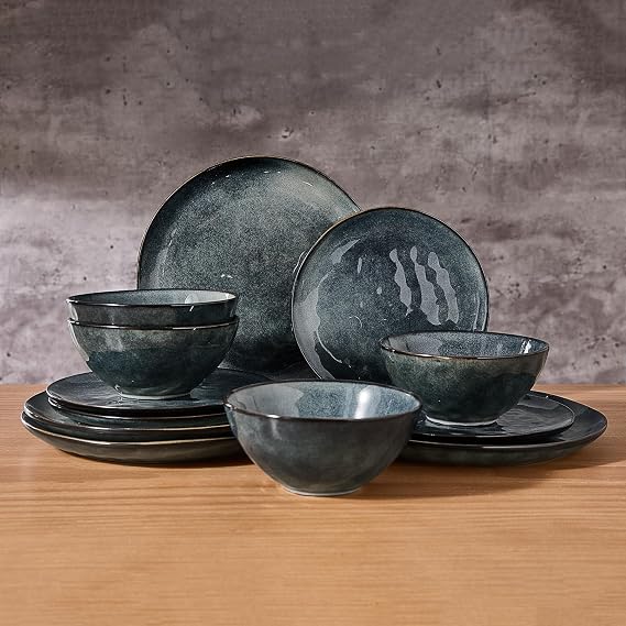 Richmount Ocean 12 Piece Dinner Set, Stoneware 3D Wave Relief Irregularly Shaped Plates and Bowls Set, Reactive Glaze Dinnerware Sets for 4, Dishwasher & Microwave Safe, Stylish & Durable, Moss Green