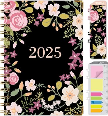 HARDCOVER 2025 Planner, 5.5x8: 14 Months November 2024 - December 2025, Daily Weekly Monthly Planner, Yearly Agenda, Bookmark, Pocket Folder and Sticky Note Set Black Floral Pink