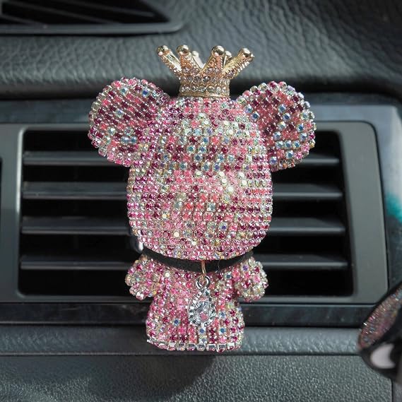 Pink Car Accessories, Bling Crystal Bear Car Air Freshener With Vent Clip,Rhinestone Aesthetic Car Decor Interior Decoration