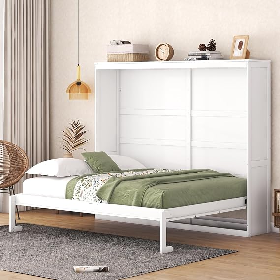 Favfurish Queen Size Murphy Bed,Folded Away into A Cabine,Hide Bed Frame W/No Box Spring Needed,Space Saving Bed,Slat Support,Easy to Install,for Kids Bedroom,Student Dorms,White