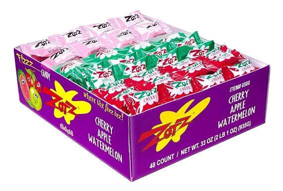 Zotz Fizz Sour Strings - Apple, Cherry, Watermelon, Grape, Orange and Lemon (Pack of 48)