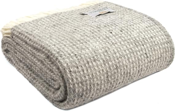 Tweedmill Textiles EXTRA LARGE 100 Percent Pure New Wool Waffle King Size Blanket Throw (Silver Grey & Cream), 140 x 240 cms