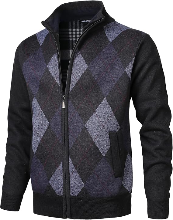 Men's Argyle Cardigan Full Zip Knitwear Fleece Lined Jumper Knit Sweater