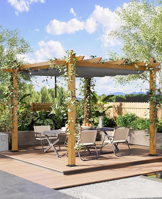 Patio Shade Canopy, 10x10 Ft Outdoor Pergola, with Retractable Canopy, Retractable Sun Shades Outdoor Patio, Upgraded Aluminum Faux Wood Grain Metal Patio Pergola for Modern Backyard Deck, Porch