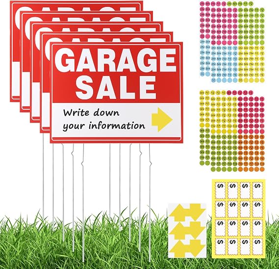 Garage Sale Kit, 10-Piece Yard Sale Signs with Metal Stakes &Price Stickers