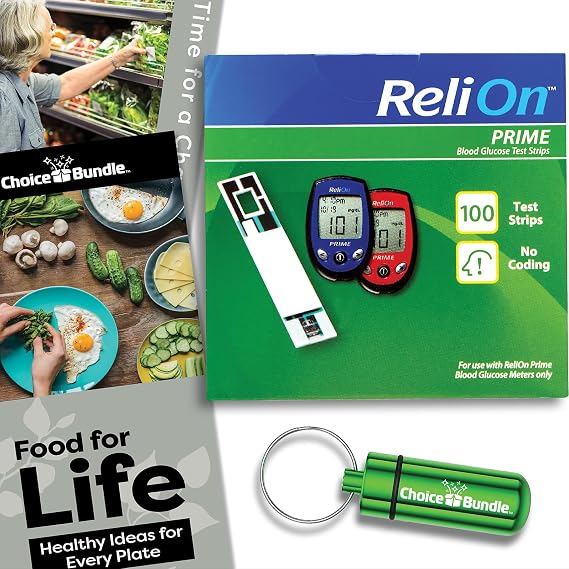 ReliOn Prime Blood Glucose Test Strips 100 Ct Reli On Choice Bundle Plus Food for Life & Portable Pill Holder (3 Items)!