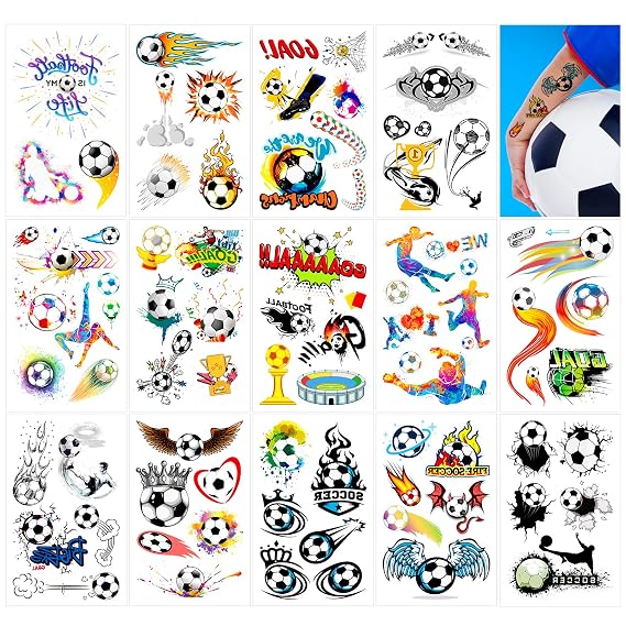 Qpout 14 Sheets Soccer Temporary Tattoos Soccer Ball Tattoos for Kids Boys World Cup Soccer Fake Tattoo Sticker, Children Birthday Party Bag & Stocking Filler Kids Game Gifts Party Favour Supplies