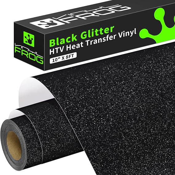 VINYL FROG Black Glitter HTV Vinyl Roll 10'' x 8ft Black Glitter Iron on Vinyl for All Cutting Machine Sparkly Heat Transfer Vinyl for T-Shirts & DIY Craft Gifts, Easy to Cut, Weed & Transfer