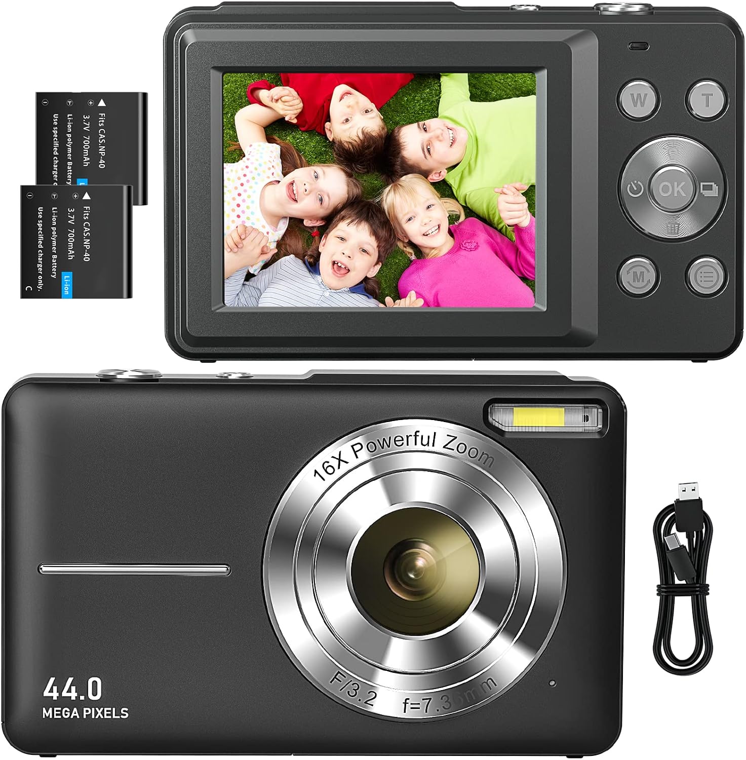 Sevenat Digital Camera 1080P FHD Camera 44MP Camera 16X Digital Zoom Simple Compact Cameras Portable Digital Camera for Children Teenagers Students Beginners Black