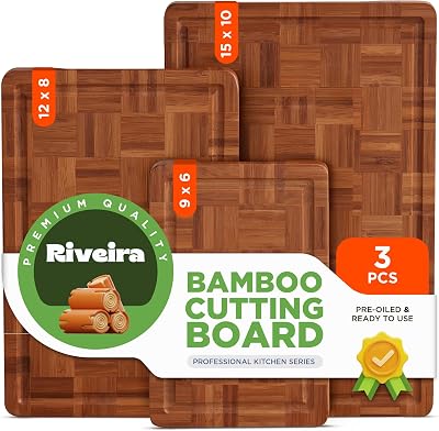 Riveira Bamboo End Grain Wood Cutting Board – Versatile And Durable: Set Of 3 Pcs Wooden Cutting Boards – Natural Wooden Cutting Boards For Kitchen Set – Complete Bamboo End Grain Cutting Board
