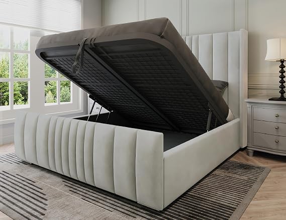 Manhattan King Size Ottoman Bed with Mattress, Plush Velvet Panelled King Size Bed with Mattress and Storage, Modern Gas Lift Ottoman Beds Frame with 48in Headboard in Silver Plush