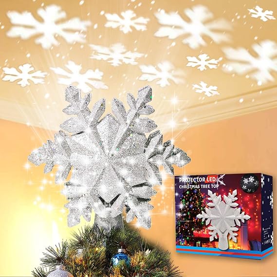 Christmas Tree Topper Lighted with White Snowflake Projector, LED Rotating Snowflake, 3D Glitter Lighted Sliver Snow Tree Topper for Christmas Tree Decorations